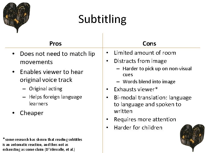 Subtitling Pros • Does not need to match lip movements • Enables viewer to