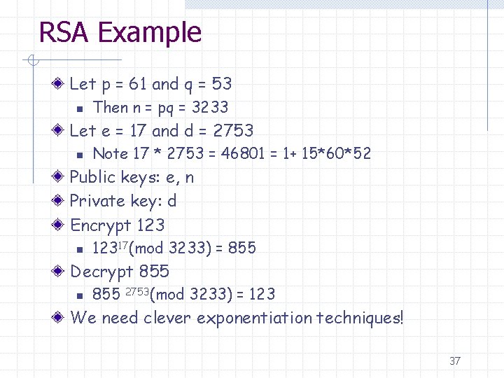RSA Example Let p = 61 and q = 53 n Then n =
