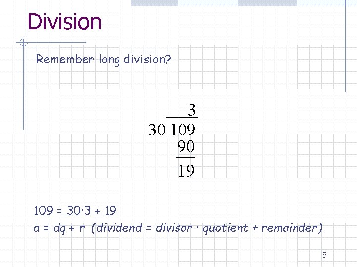 Division Remember long division? 3 30 109 90 19 109 = 30· 3 +