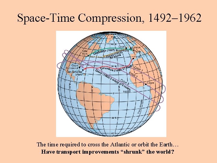 Space-Time Compression, 1492– 1962 The time required to cross the Atlantic or orbit the