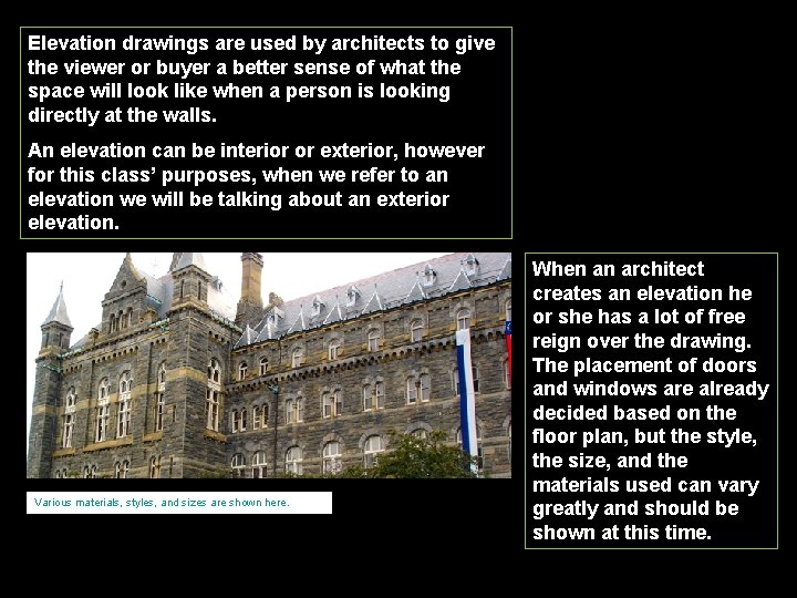 Elevation drawings are used by architects to give the viewer or buyer a better