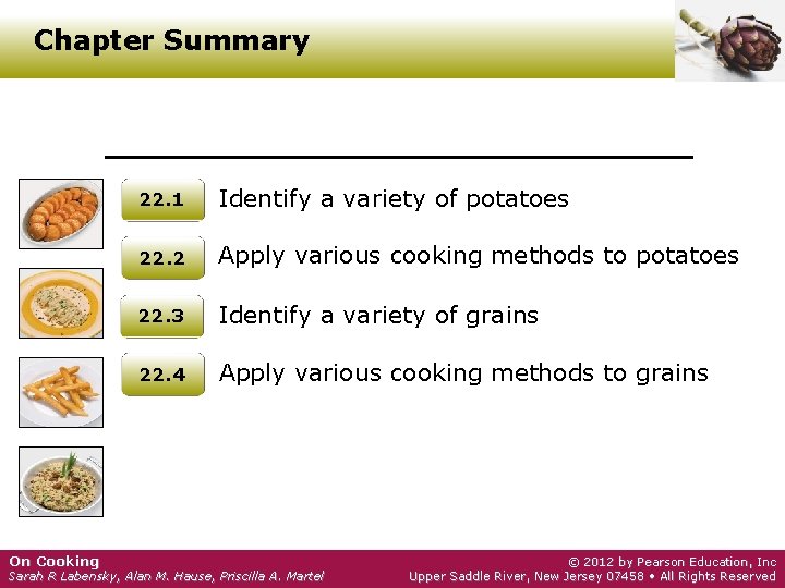 Chapter Summary On Cooking 22. 1 Identify a variety of potatoes 22. 2 Apply