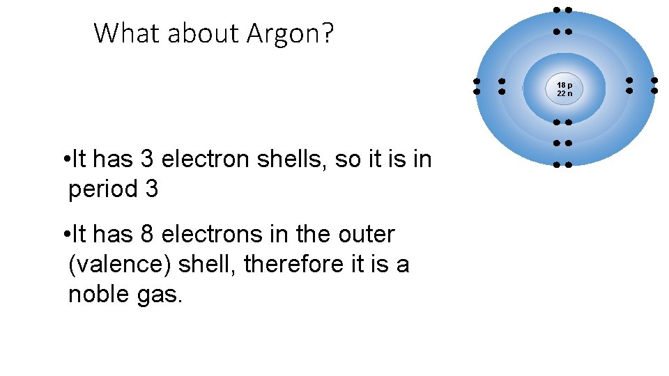 What about Argon? 18 p 22 n • It has 3 electron shells, so