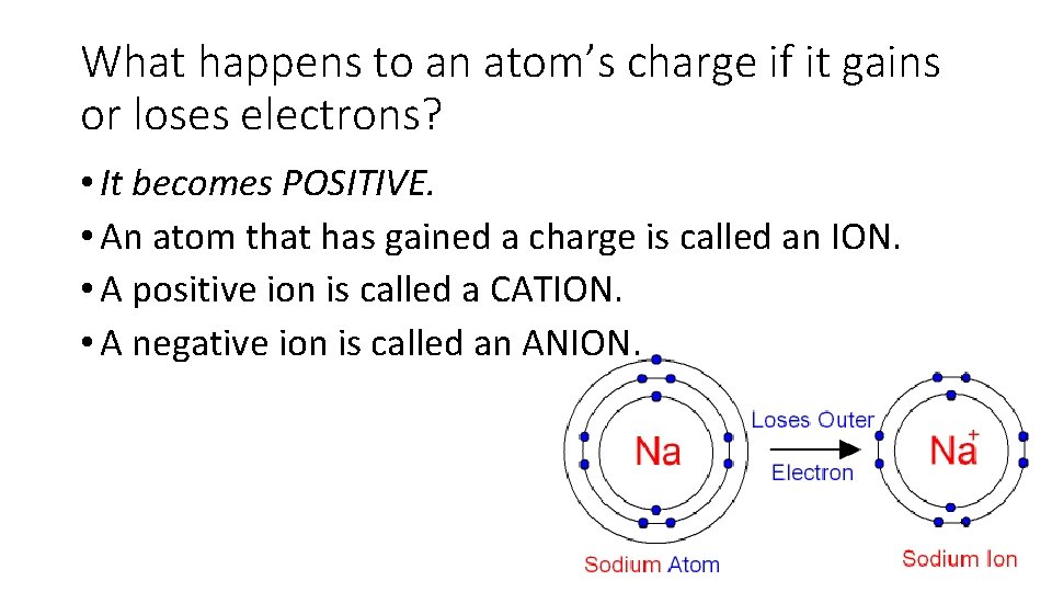 What happens to an atom’s charge if it gains or loses electrons? • It
