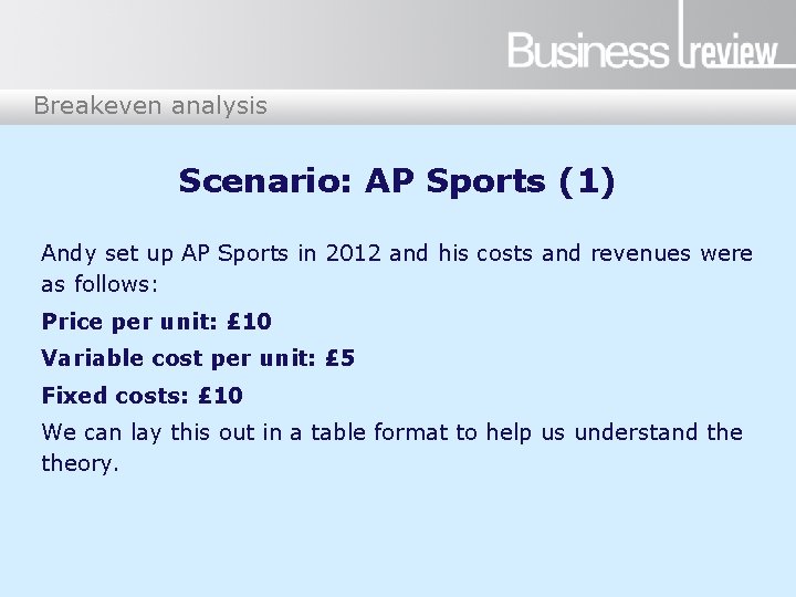 Breakeven analysis Scenario: AP Sports (1) Andy set up AP Sports in 2012 and