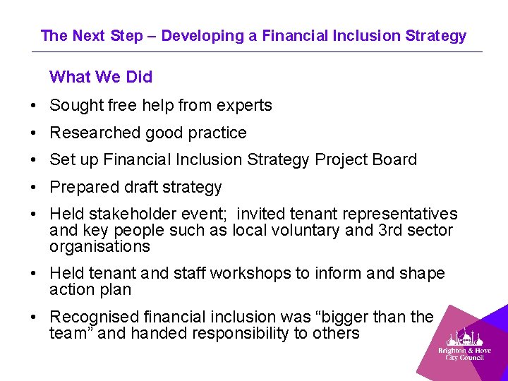 The Next Step – Developing a Financial Inclusion Strategy What We Did • Sought