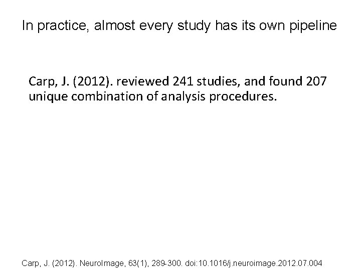 In practice, almost every study has its own pipeline Carp, J. (2012). reviewed 241