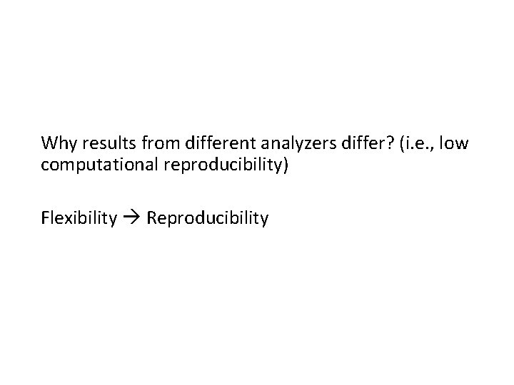 Why results from different analyzers differ? (i. e. , low computational reproducibility) Flexibility Reproducibility