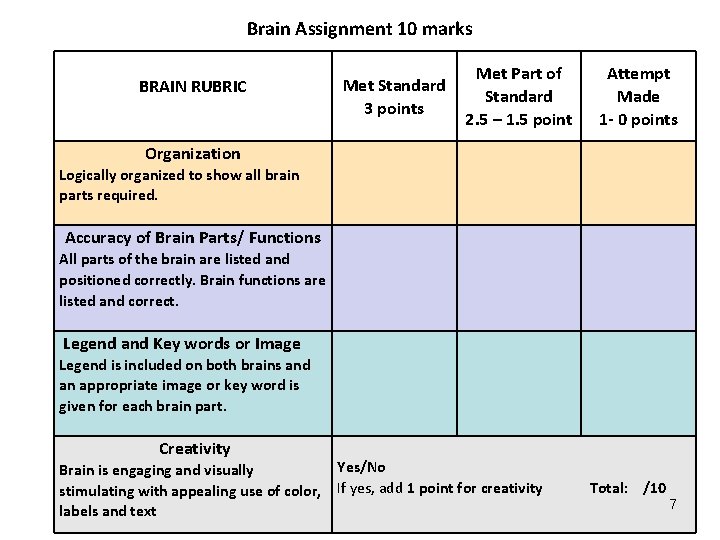 Brain Assignment 10 marks BRAIN RUBRIC Met Standard 3 points Met Part of Standard