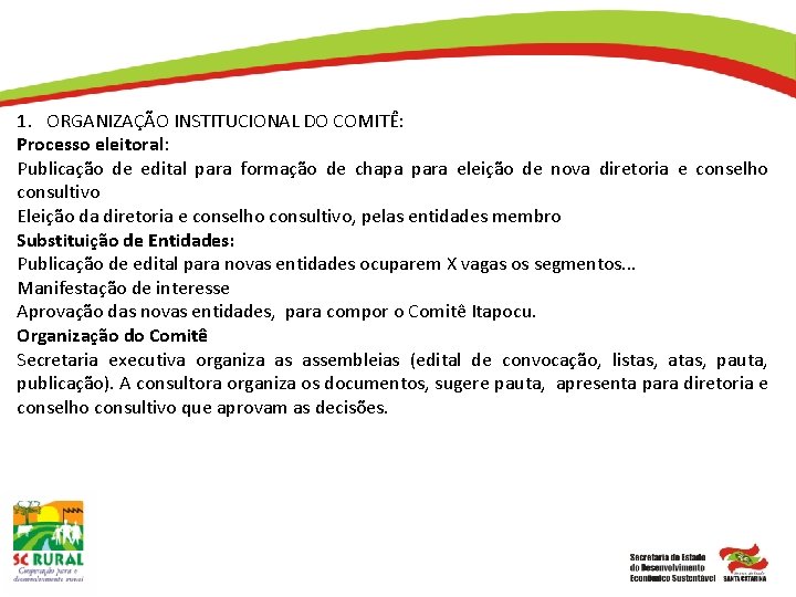 1. ORGANIZAÇÃO INSTITUCIONAL DO COMITÊ: Processo eleitoral: Publicação de edital para formação de chapa