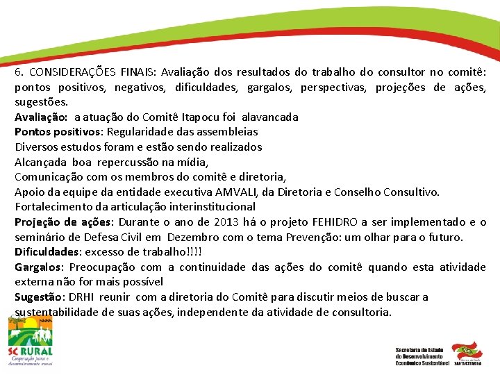 6. CONSIDERAÇÕES FINAIS: Avaliação dos resultados do trabalho do consultor no comitê: pontos positivos,