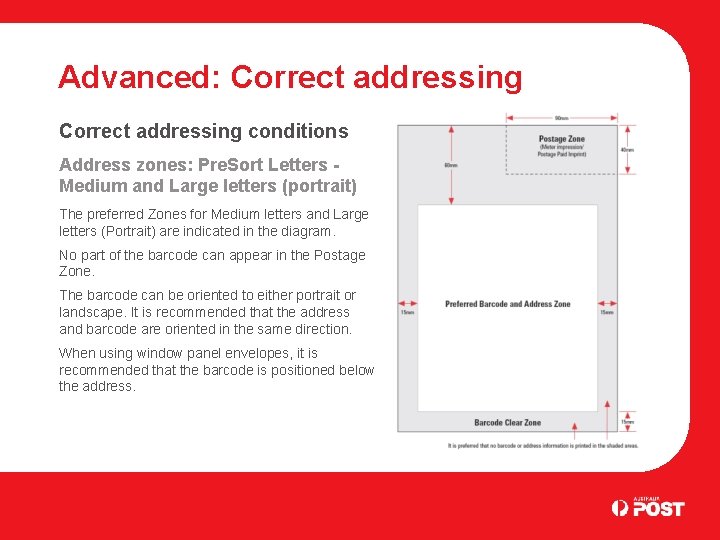 Advanced: Correct addressing conditions Address zones: Pre. Sort Letters Medium and Large letters (portrait)