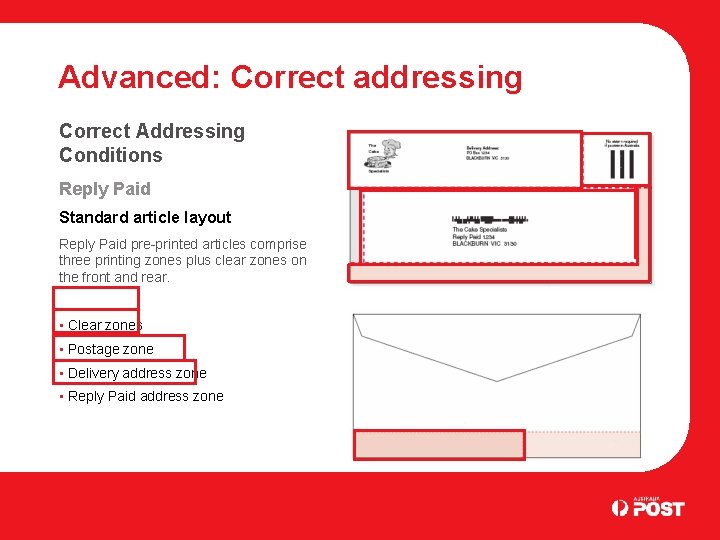 Advanced: Correct addressing Correct Addressing Conditions Reply Paid Standard article layout Reply Paid pre-printed