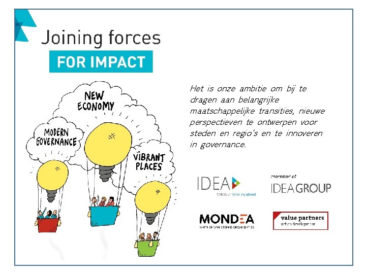 Het is onze ambitie om bij te dragen aan belangrijke maatschappelijke transities, nieuwe perspectieven