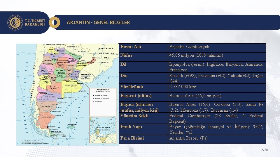 ARJANTİN - GENEL BİLGİLER Resmi Adı Arjantin Cumhuriyeti Nüfus 45, 05 milyon (2019 tahmini)