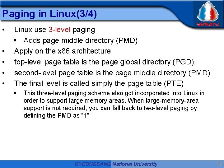 Paging in Linux(3/4) • • • Linux use 3 -level paging § Adds page Paging in Linux(3/4) • • • Linux use 3 -level paging § Adds page
