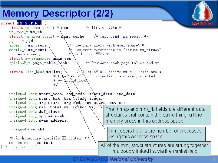 Memory Descriptor (2/2) The mmap and mm_rb fields are different data structures that contain Memory Descriptor (2/2) The mmap and mm_rb fields are different data structures that contain