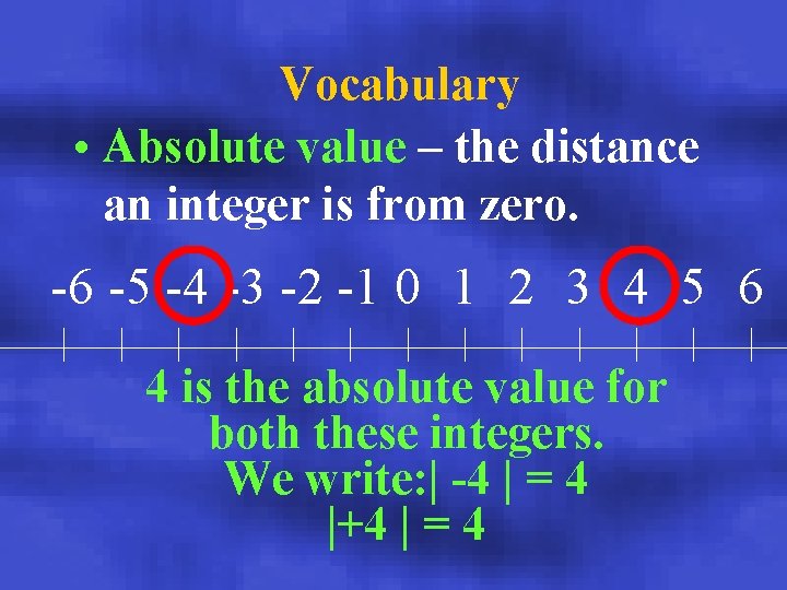 Vocabulary • Absolute value – the distance an integer is from zero. -6 -5