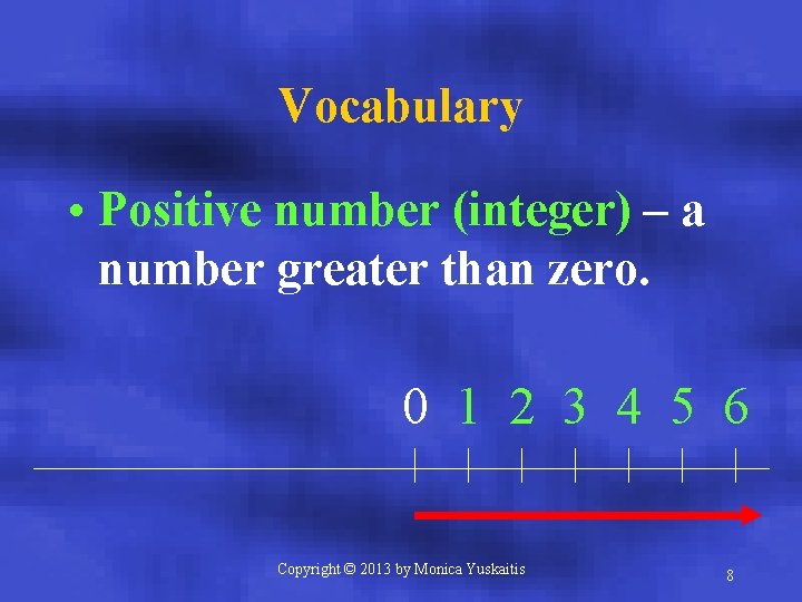 Vocabulary • Positive number (integer) – a number greater than zero. 0 1 2