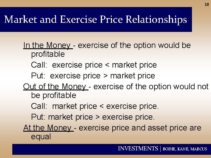 10 Market and Exercise Price Relationships In the Money - exercise of the option