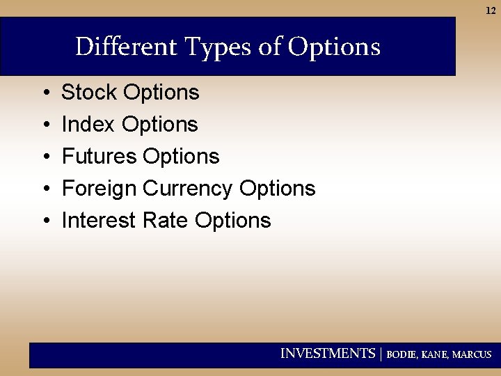 12 Different Types of Options • • • Stock Options Index Options Futures Options