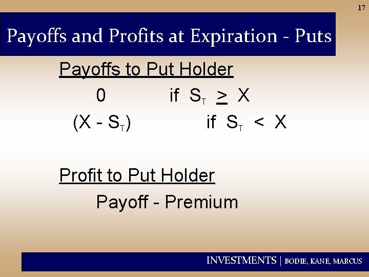 17 Payoffs and Profits at Expiration - Puts Payoffs to Put Holder 0 if