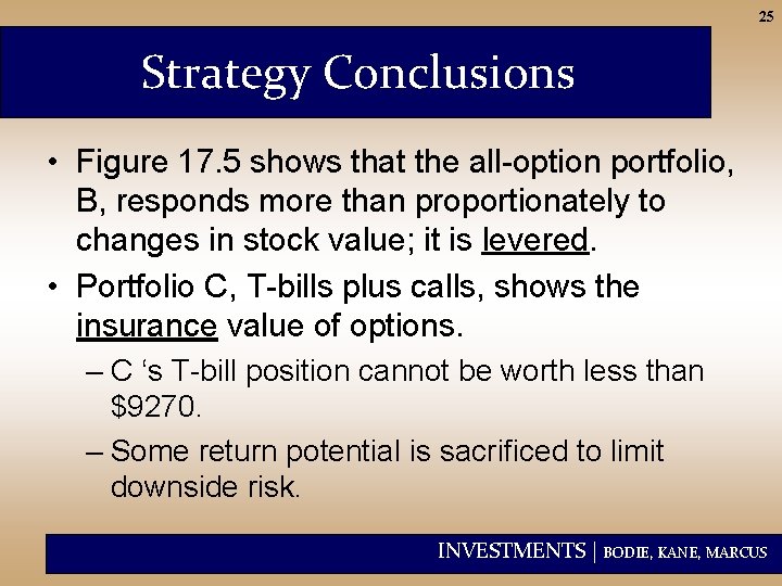 25 Strategy Conclusions • Figure 17. 5 shows that the all-option portfolio, B, responds