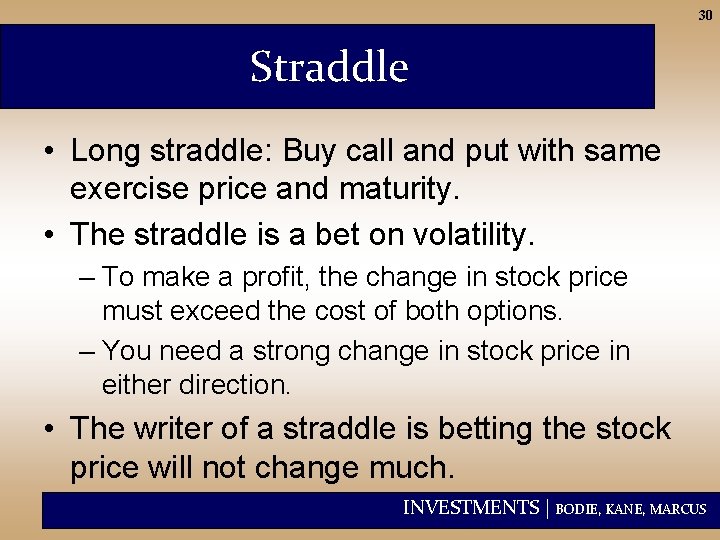 30 Straddle • Long straddle: Buy call and put with same exercise price and