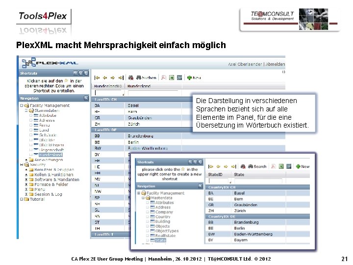 Plex. XML macht Mehrsprachigkeit einfach möglich Die Darstellung in verschiedenen Sprachen bezieht sich auf