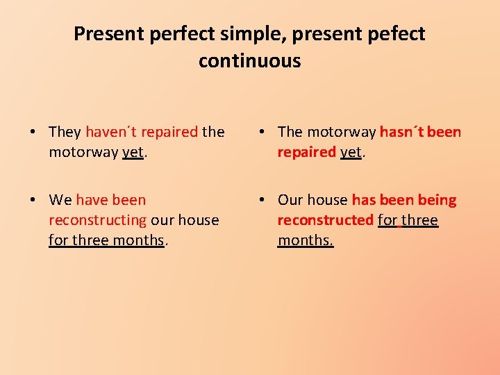 Present perfect simple, present pefect continuous • They haven´t repaired the motorway yet. •