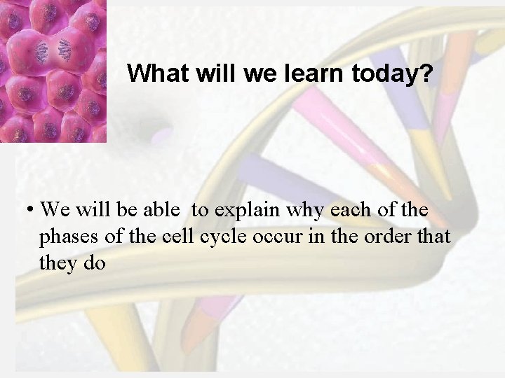 What will we learn today? • We will be able to explain why each