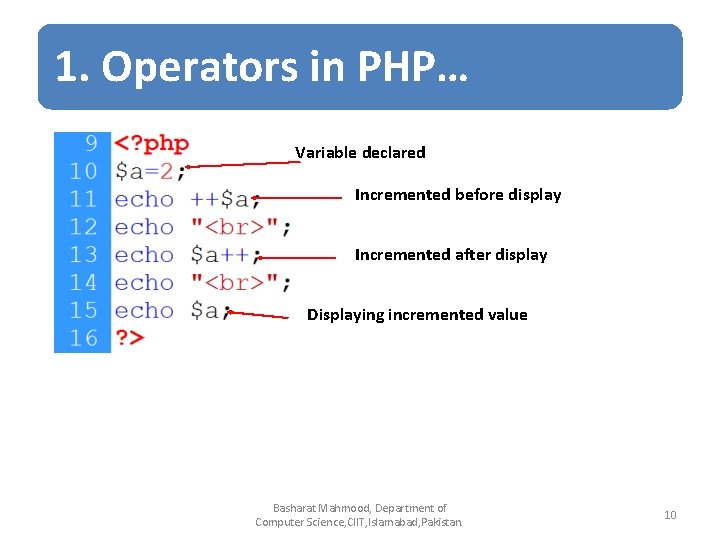 1. Operators in PHP… Variable declared Incremented before display Incremented after display Displaying incremented 1. Operators in PHP… Variable declared Incremented before display Incremented after display Displaying incremented