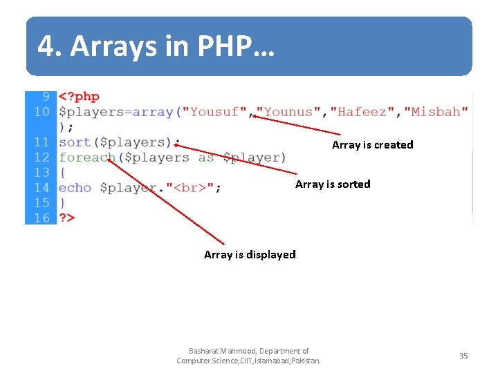 4. Arrays in PHP… Array is created Array is sorted Array is displayed Basharat 4. Arrays in PHP… Array is created Array is sorted Array is displayed Basharat