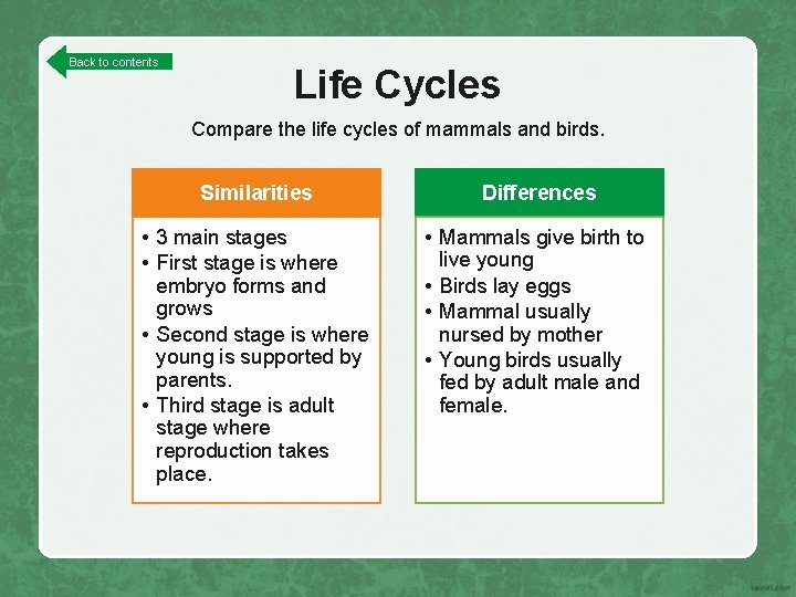 Back to contents Life Cycles Compare the life cycles of mammals and birds. Similarities