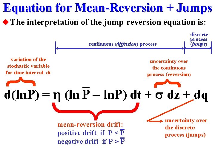 Equation for Mean-Reversion + Jumps u The interpretation of the jump-reversion equation is: discrete