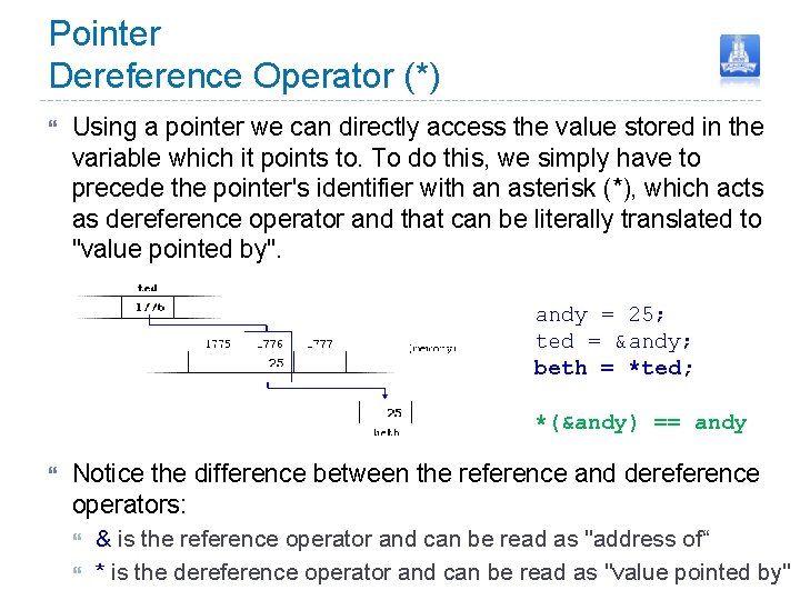 Pointer Dereference Operator (*) Using a pointer we can directly access the value stored