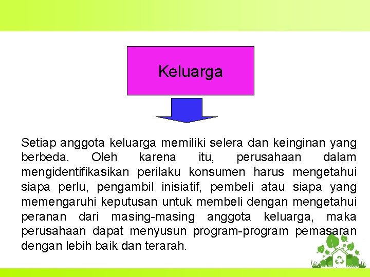 Keluarga Setiap anggota keluarga memiliki selera dan keinginan yang berbeda. Oleh karena itu, perusahaan