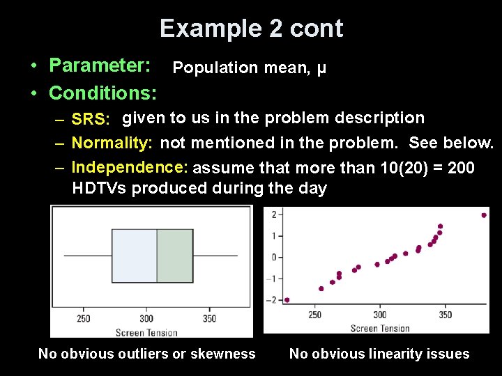 Example 2 cont • Parameter: Population mean, μ • Conditions: – SRS: given to
