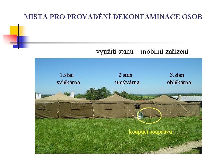 MÍSTA PROVÁDĚNÍ DEKONTAMINACE OSOB využití stanů – mobilní zařízení 1. stan svlékárna 2. stan