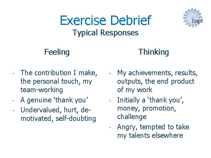 Exercise Debrief Typical Responses Feeling • • • The contribution I make, the personal