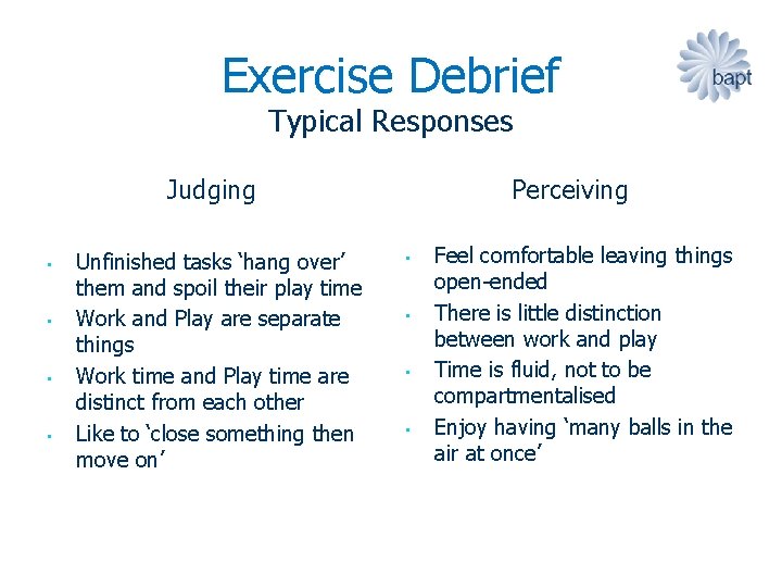 Exercise Debrief Typical Responses Judging • • Unfinished tasks ‘hang over’ them and spoil