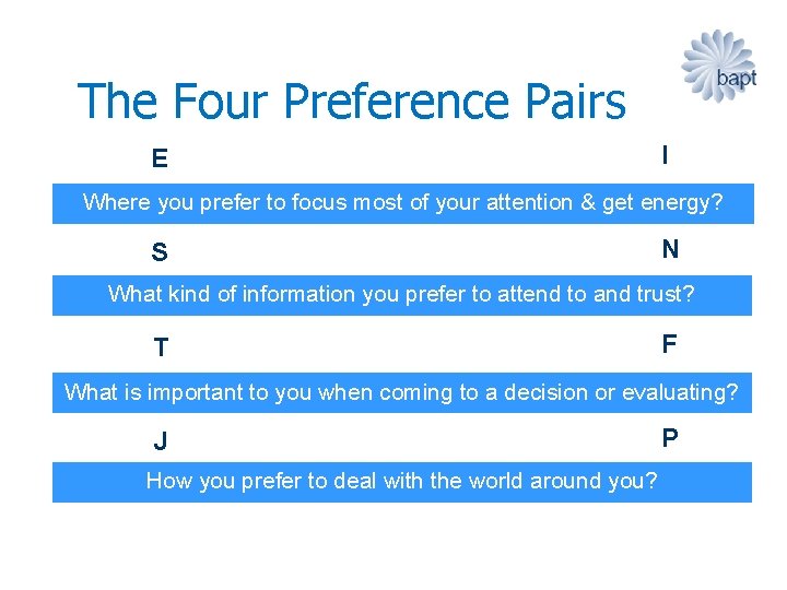 The Four Preference Pairs E I Where you prefer to focus most of your