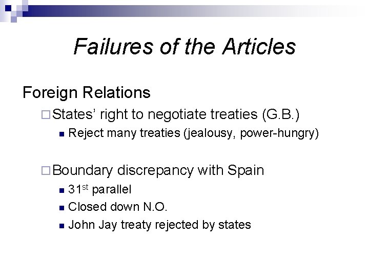 Failures of the Articles Foreign Relations ¨ States’ n right to negotiate treaties (G.
