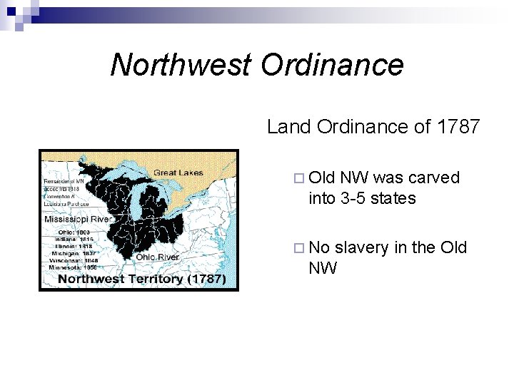 Northwest Ordinance Land Ordinance of 1787 ¨ Old NW was carved into 3 -5