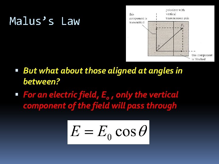 Malus’s Law But what about those aligned at angles in between? For an electric