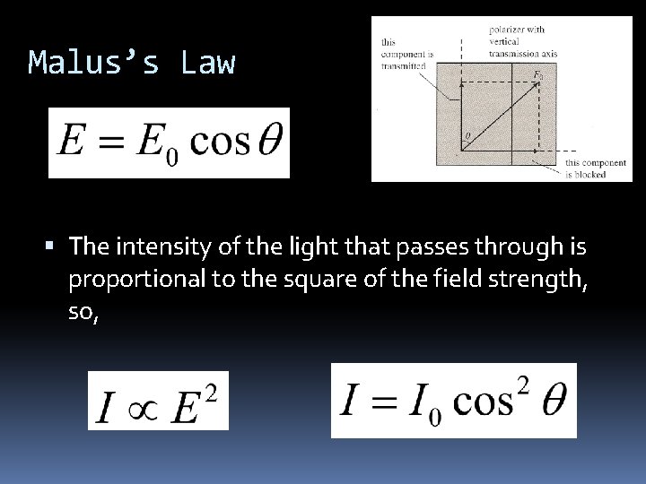 Malus’s Law The intensity of the light that passes through is proportional to the