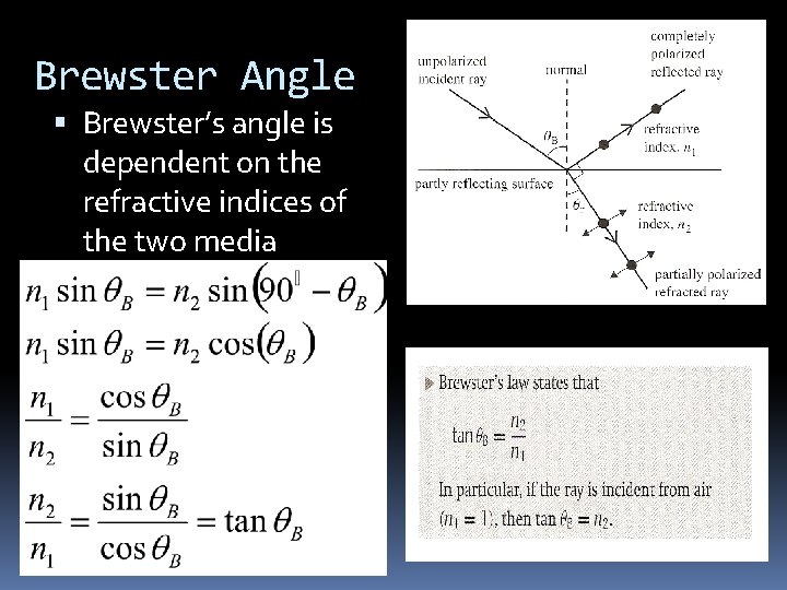 Brewster Angle Brewster’s angle is dependent on the refractive indices of the two media
