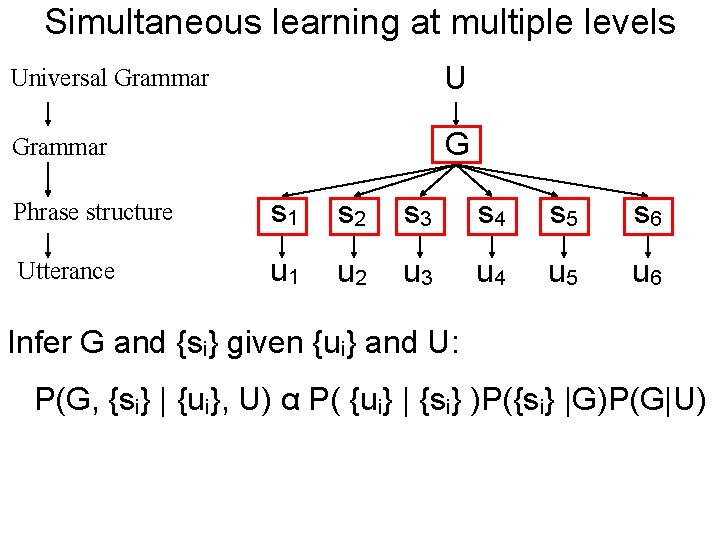 Simultaneous learning at multiple levels Universal Grammar U Grammar G Phrase structure s 1