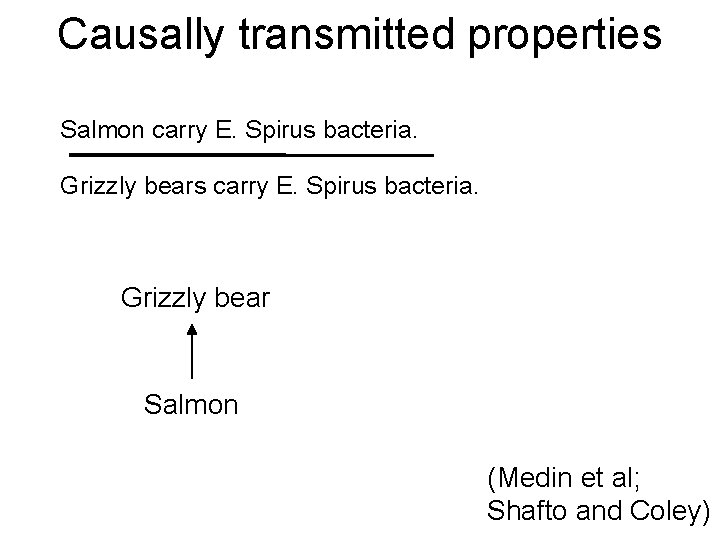 Causally transmitted properties Salmon carry E. Spirus bacteria. Grizzly bears carry E. Spirus bacteria.