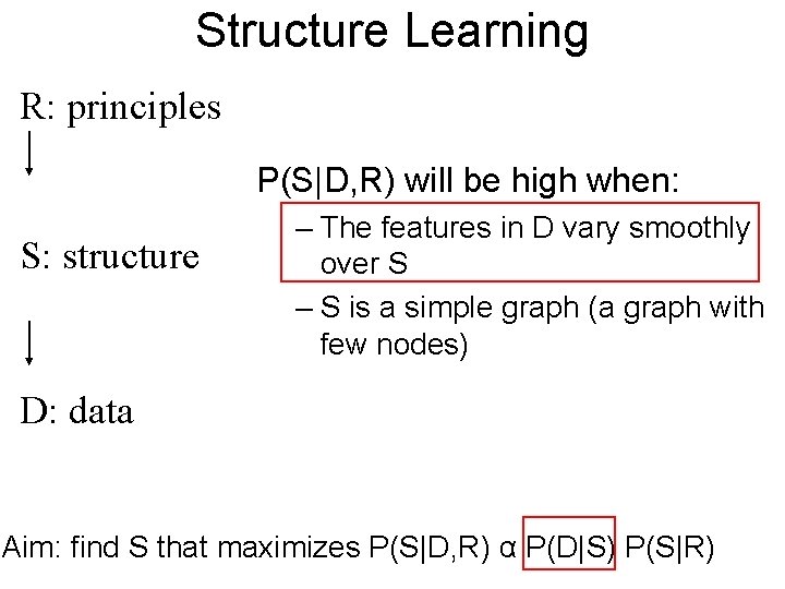 Structure Learning R: principles P(S|D, R) will be high when: S: structure – The